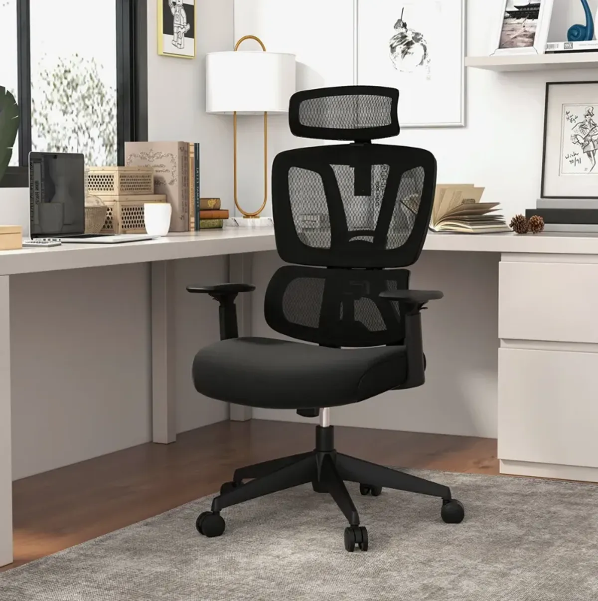 Ergonomic Office Chair with N Type Lumbar Support and Adjustable Headrest-Black