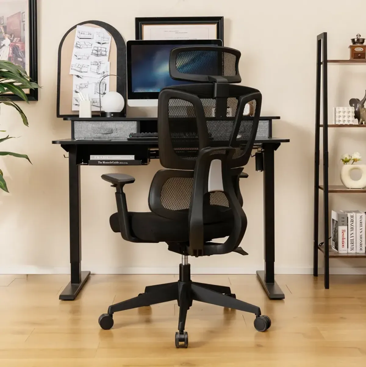 Ergonomic Office Chair with N Type Lumbar Support and Adjustable Headrest-Black