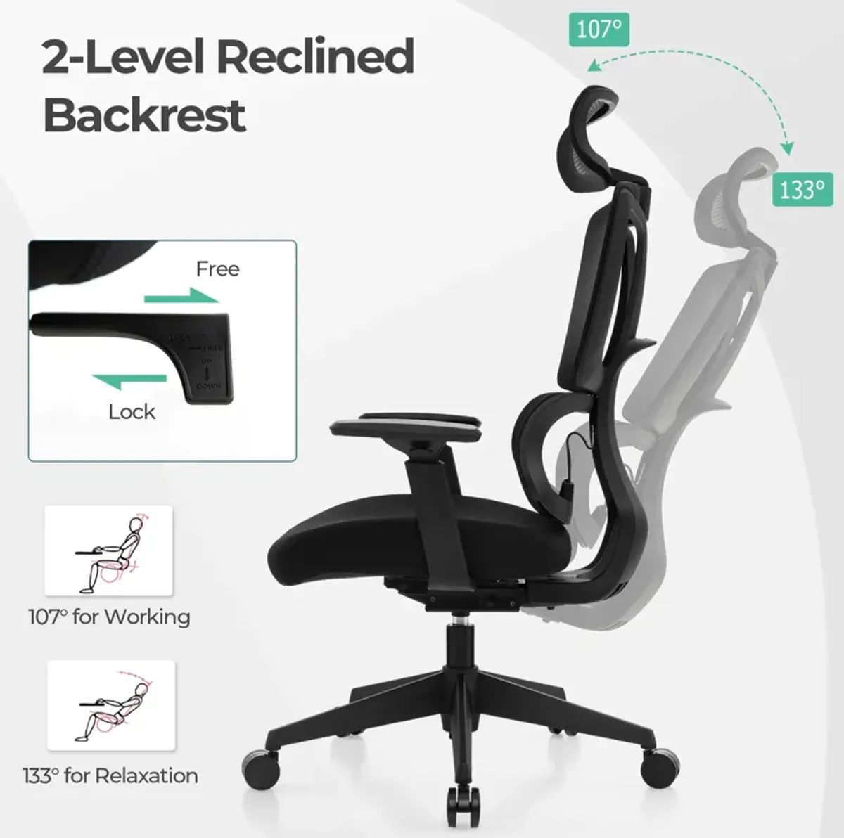 Ergonomic Office Chair with N Type Lumbar Support and Adjustable Headrest-Black