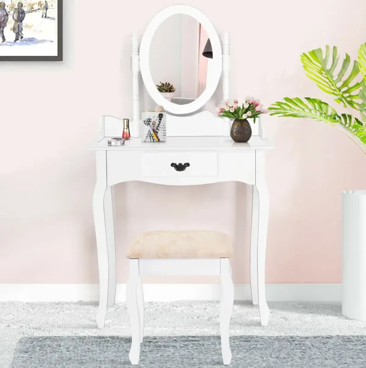 Wooden Vanity Makeup Set with Cushioned Stool and Oval Rotating Mirror