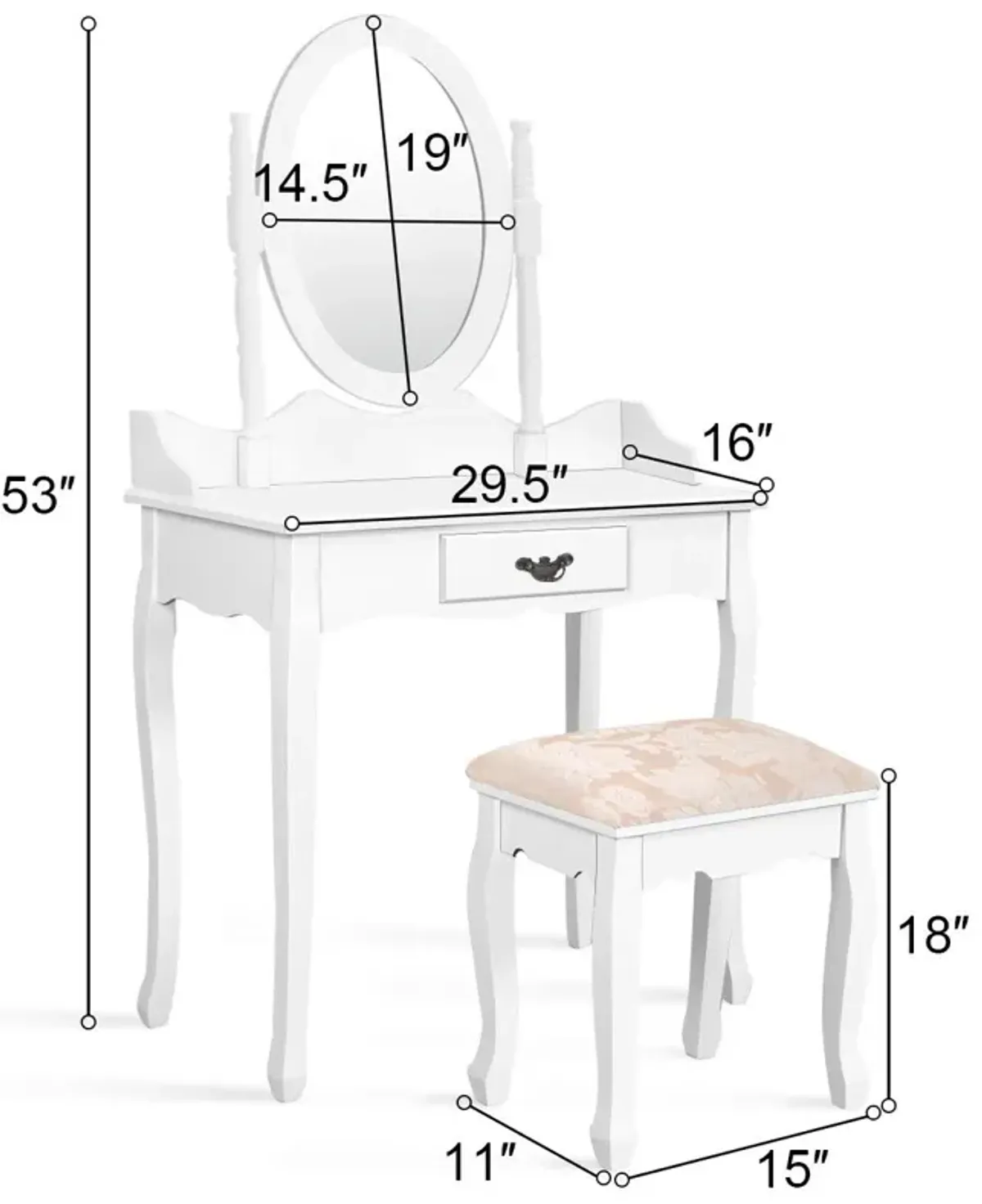 Wooden Vanity Makeup Set with Cushioned Stool and Oval Rotating Mirror