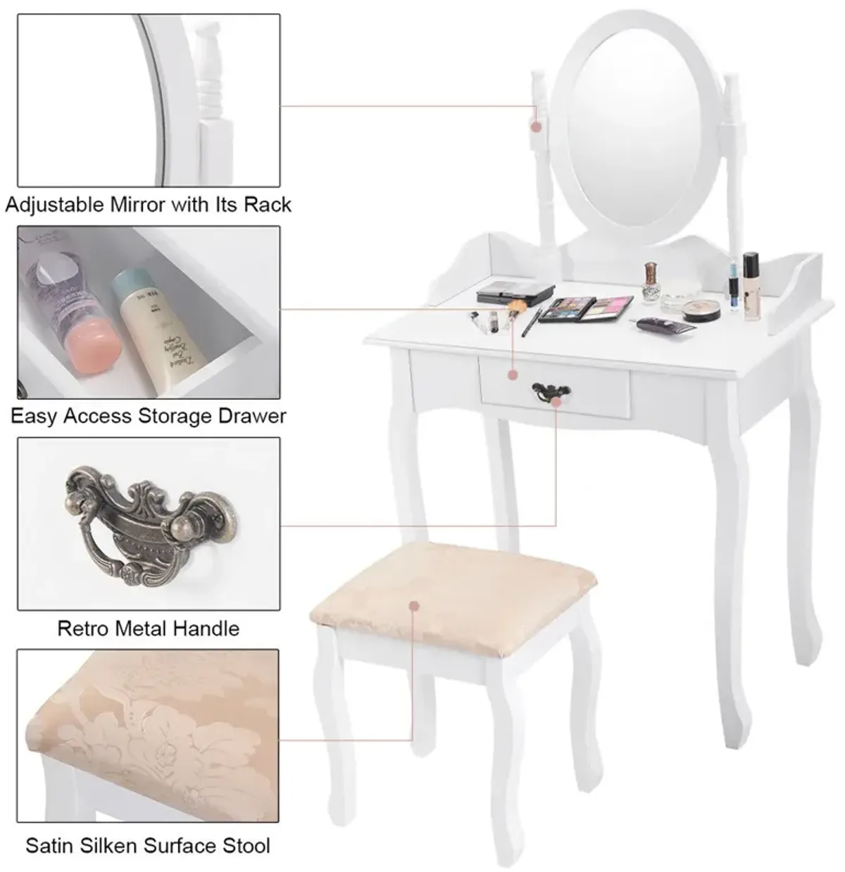 Wooden Vanity Makeup Set with Cushioned Stool and Oval Rotating Mirror