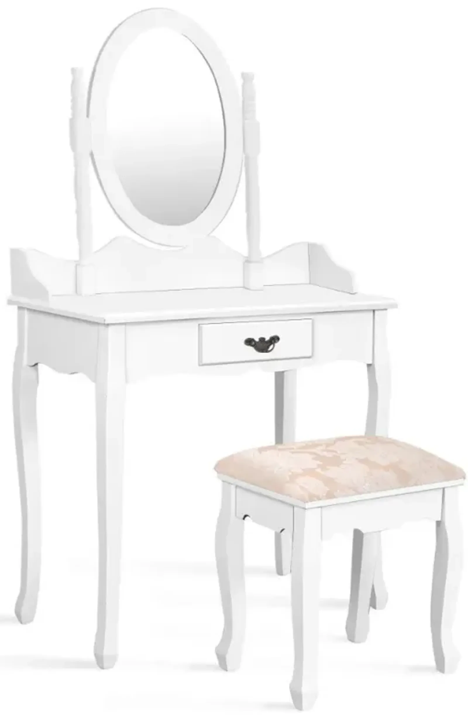 Wooden Vanity Makeup Set with Cushioned Stool and Oval Rotating Mirror