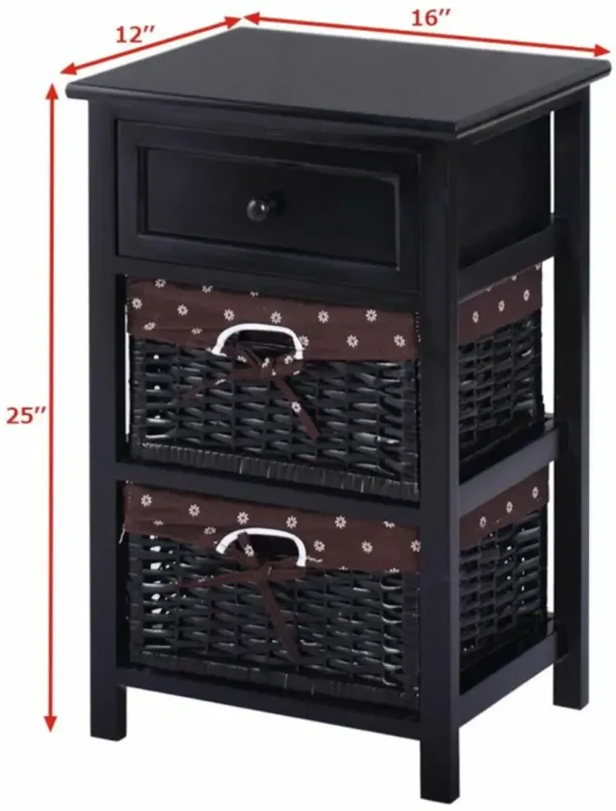 Hivvago 3 Tiers Wooden Storage Nightstand with 2 Baskets and 1 Drawer-black