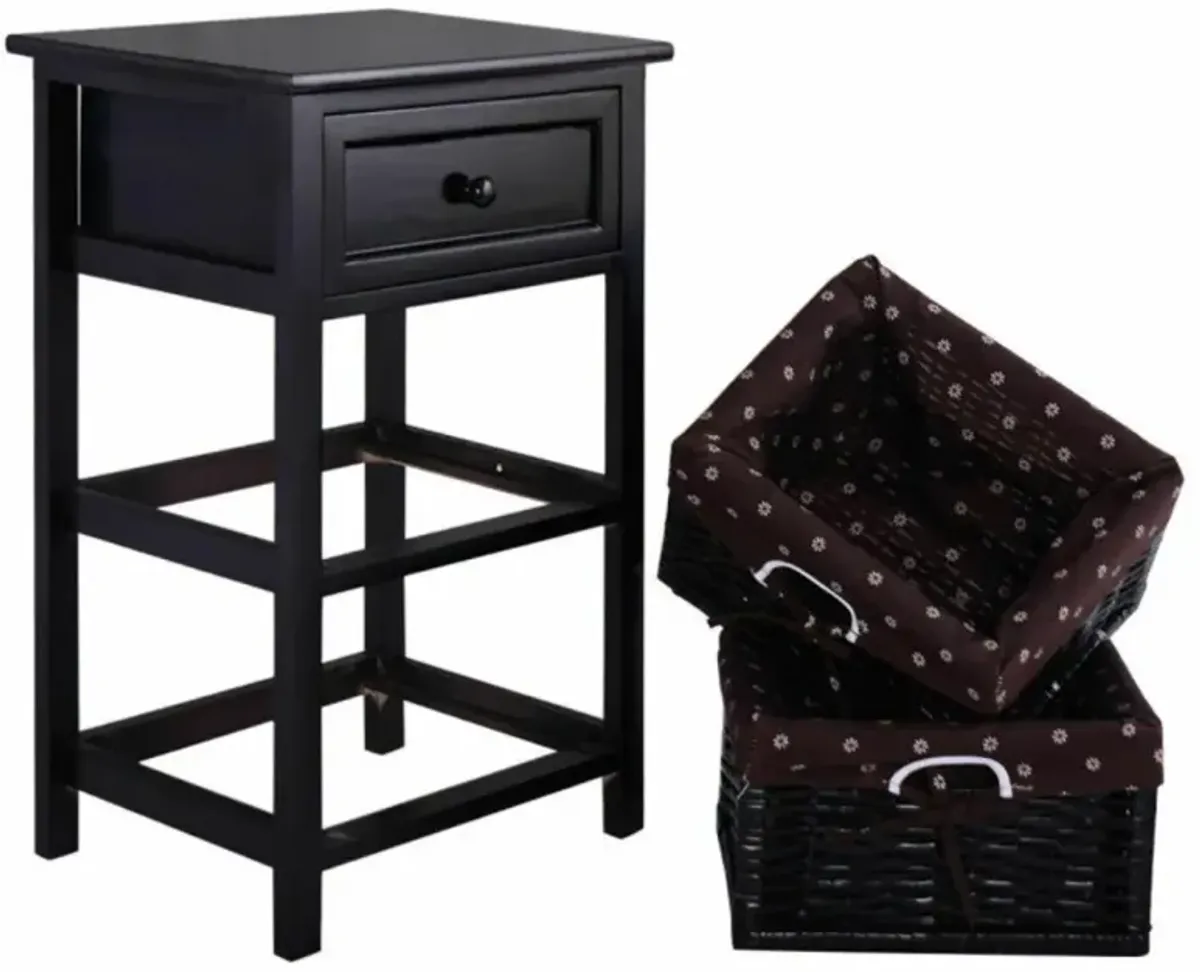 Hivvago 3 Tiers Wooden Storage Nightstand with 2 Baskets and 1 Drawer-black