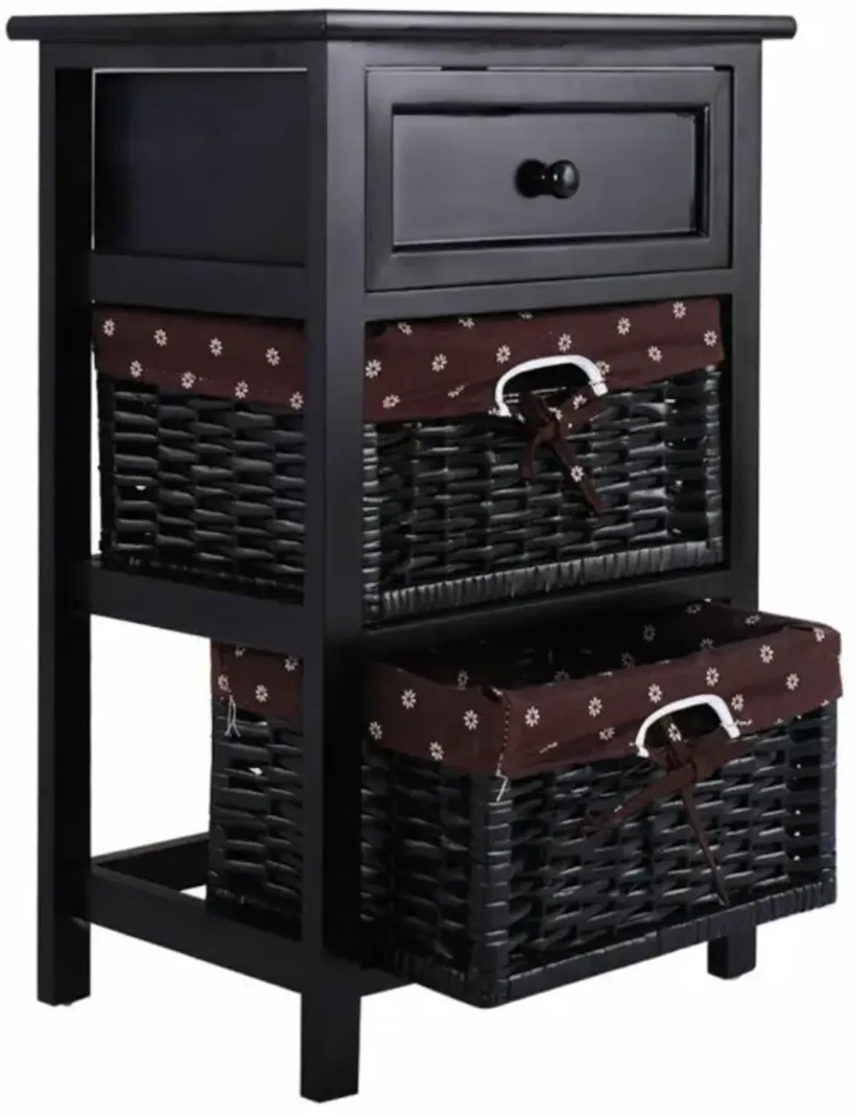 Hivvago 3 Tiers Wooden Storage Nightstand with 2 Baskets and 1 Drawer-black