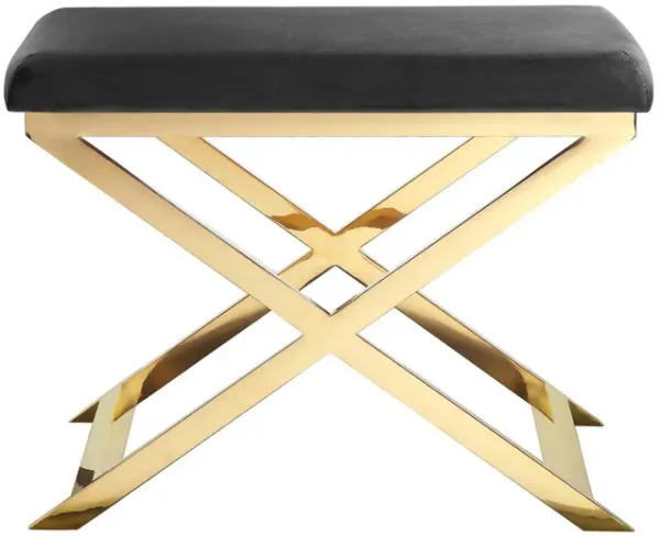 Sovi 24 Inch Accent Stool Ottoman Bench, Cushioned Gray Velvet, Gold X Base - Benzara
