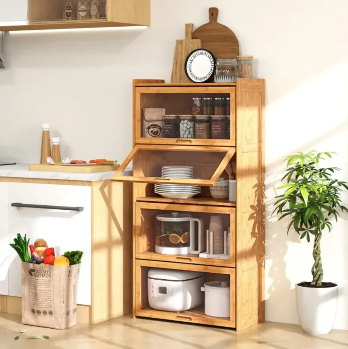 Hivvago 4-Tier Bamboo Bookcase with Doors for Study Room Living Room