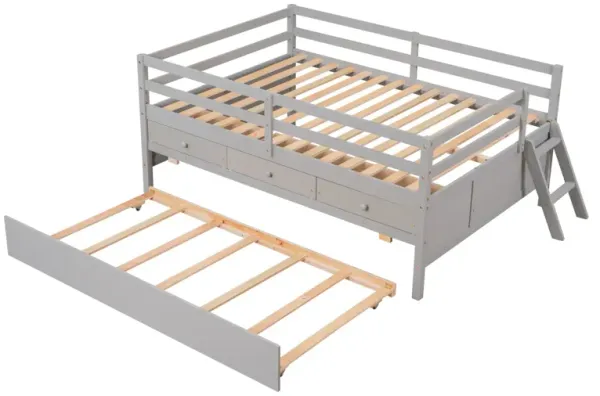 Low Loft Bed Full Size With Full Safety Fence, Climbing Ladder, Storage Drawers And Trundle