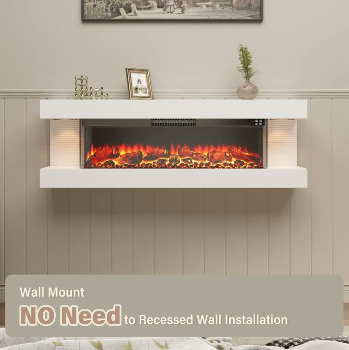 50 in. Wall Mounted Hanging Electric Fireplace with Remote Control in White