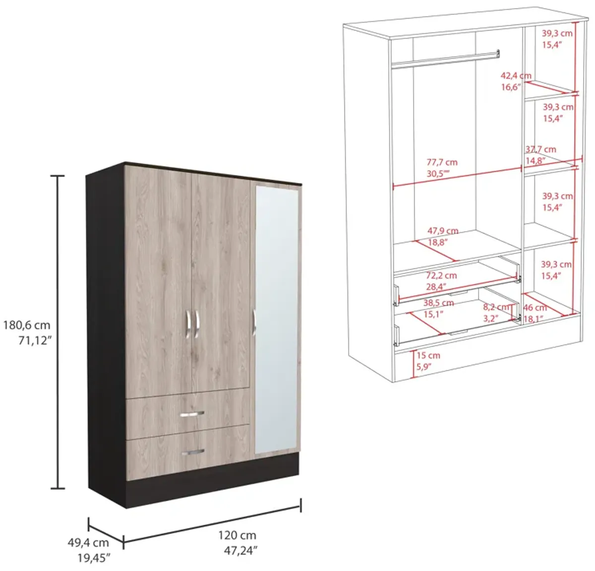 Mirrored Armoire Draggo, Bedroom, Black / Light Gray