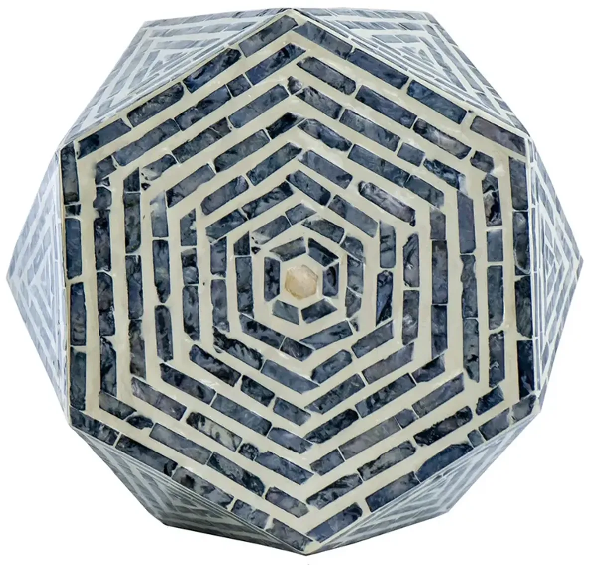 18 Inch Accent Table Stool, Hexagonal Design, Diamond Pattern, Blue, White - Benzara