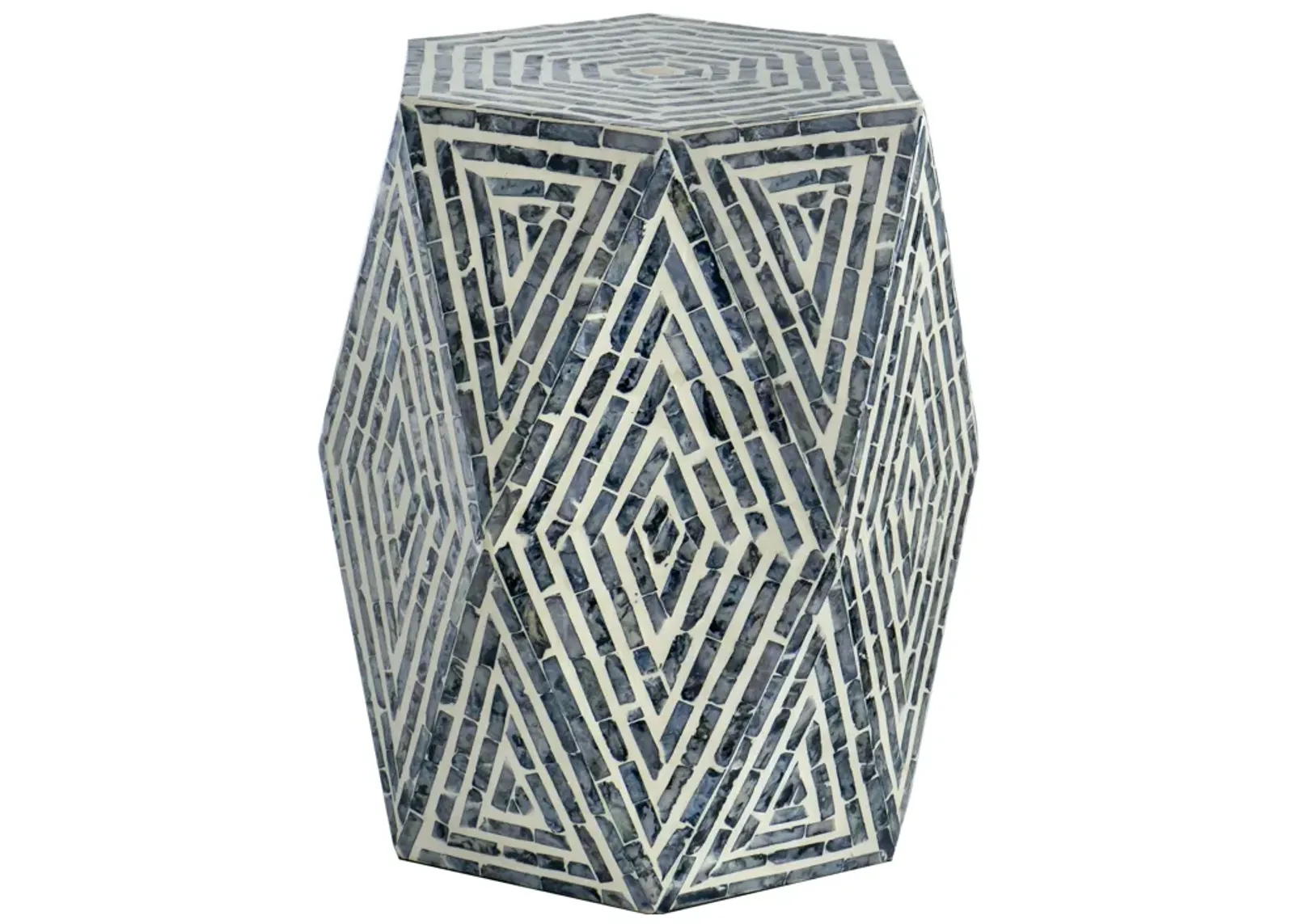 18 Inch Accent Table Stool, Hexagonal Design, Diamond Pattern, Blue, White - Benzara