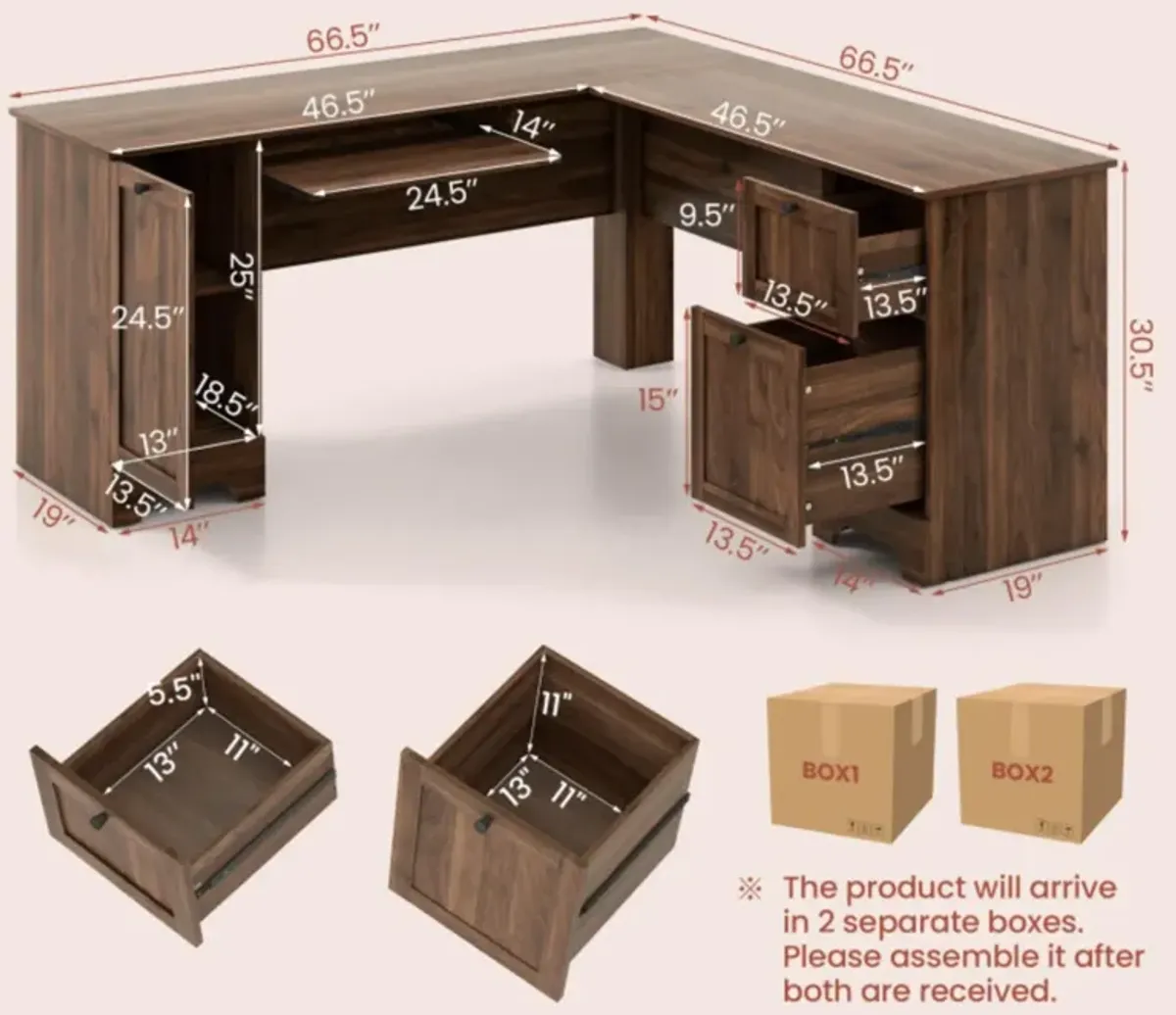 Hivvago L-Shaped Office Desk with Storage Drawers and Keyboard Tray