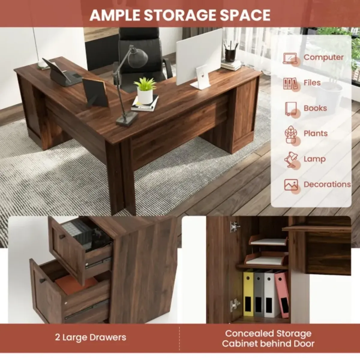 Hivvago L-Shaped Office Desk with Storage Drawers and Keyboard Tray