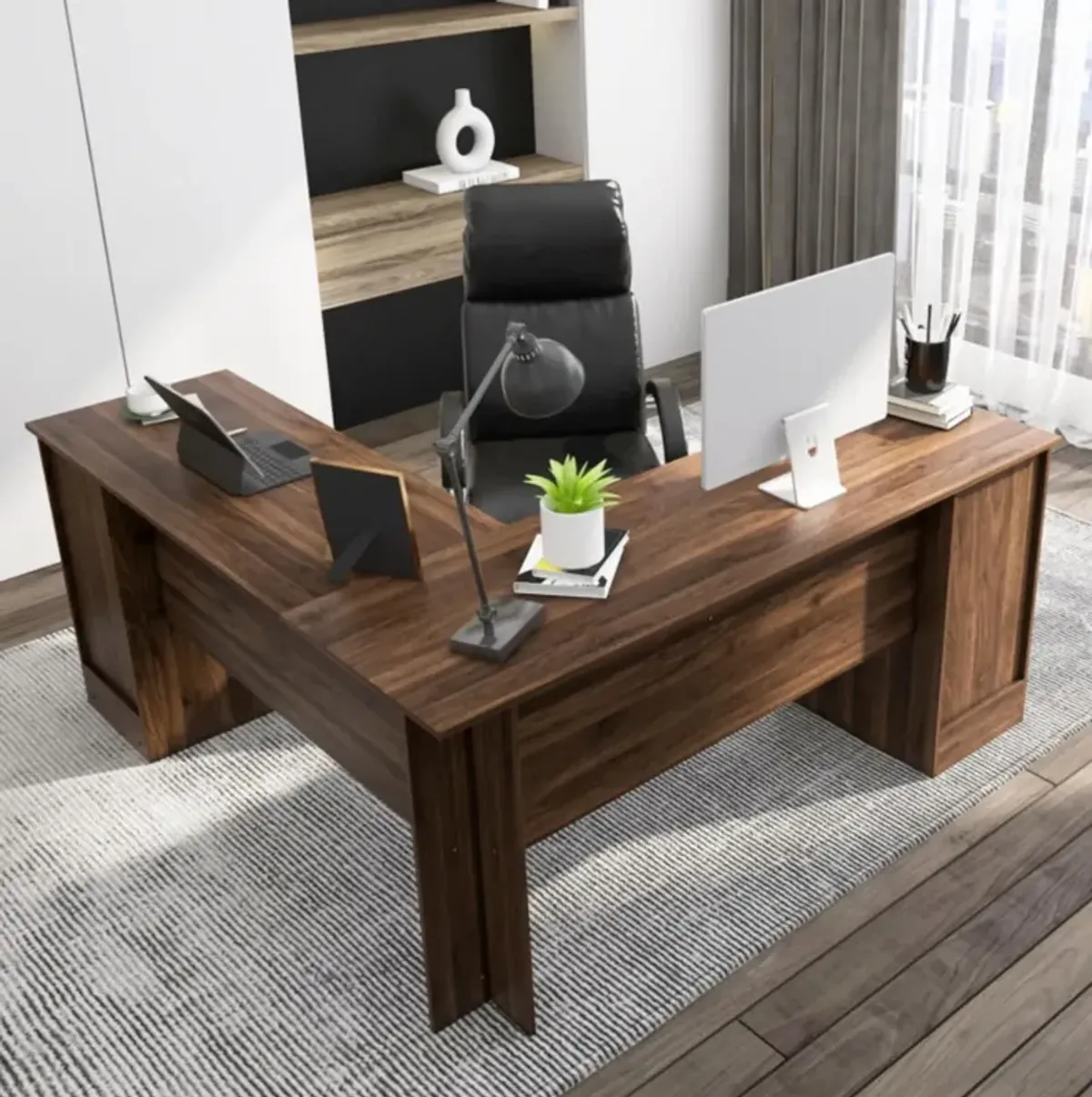 Hivvago L-Shaped Office Desk with Storage Drawers and Keyboard Tray