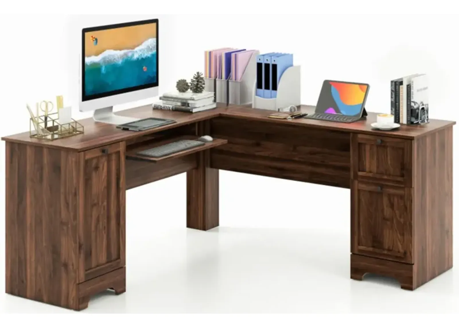 Hivvago L-Shaped Office Desk with Storage Drawers and Keyboard Tray