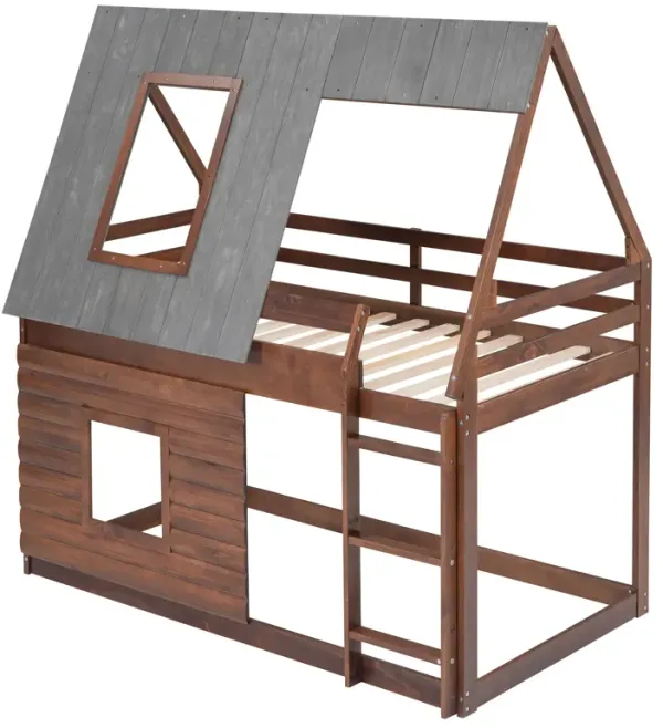 Whisen Elegant Design Twin Size House Bunk Bed with Roof, Ladder and 2 Windows