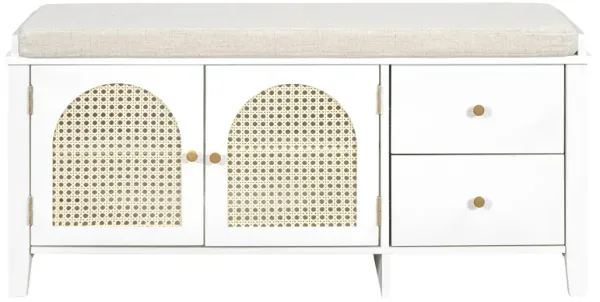Clihome Shoe Storage Bench, Vintage Shoe Bench with Storage and Cushion, Shoe Bench with 2 Drawers and 2 Rattan Door for Entryway, Bedroom, Living Room, Navy
