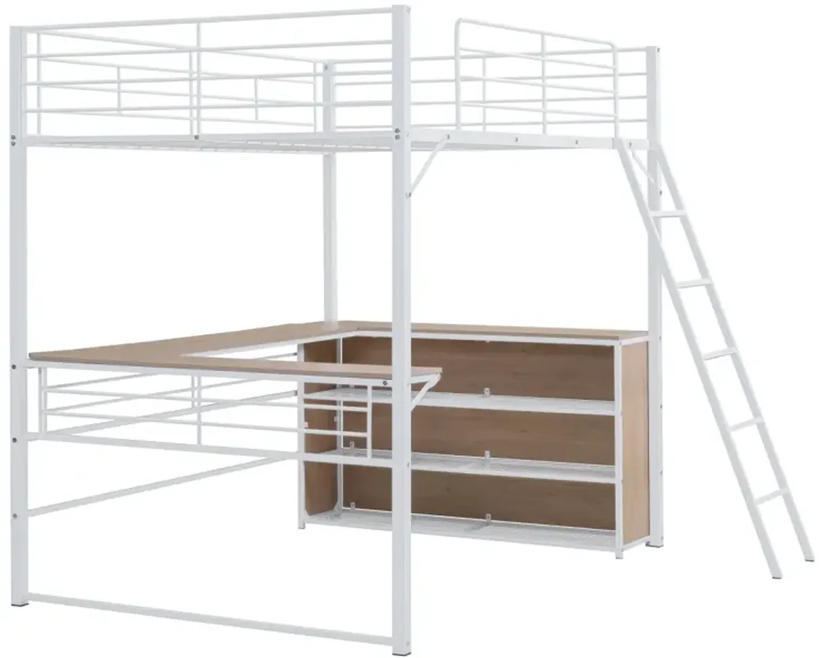 Full Size Metal Loft Bed With 3 Layers Of Shelves And L-Shaped Desk, White