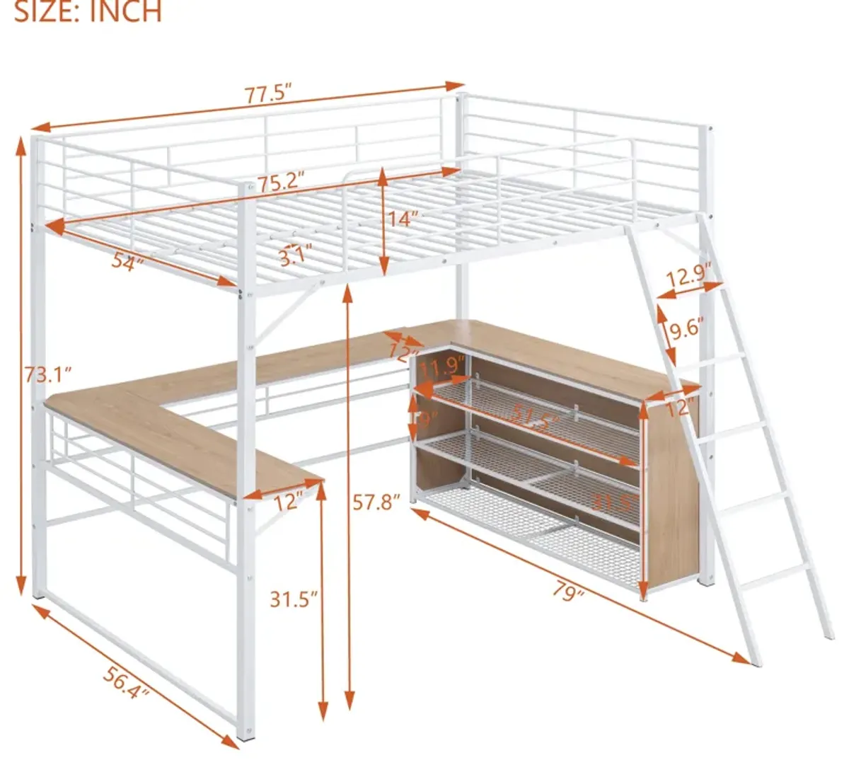 Full Size Metal Loft Bed With 3 Layers Of Shelves And L-Shaped Desk, White