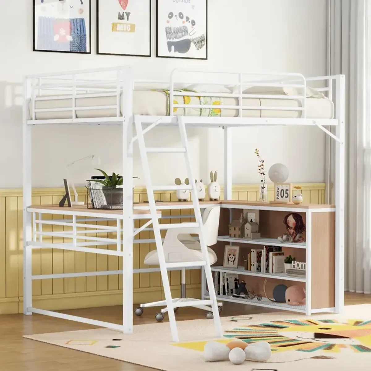 Full Size Metal Loft Bed With 3 Layers Of Shelves And L-Shaped Desk, White