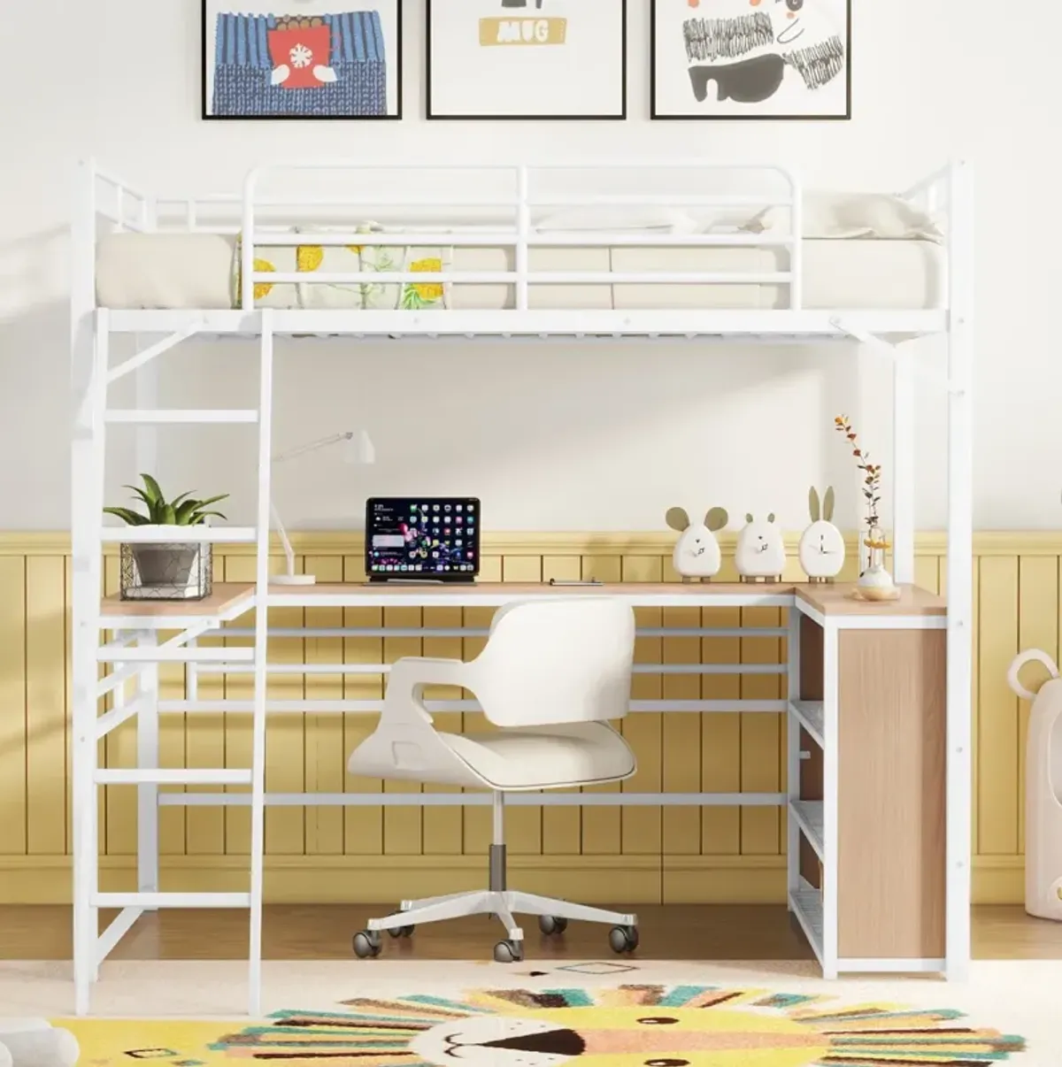 Full Size Metal Loft Bed With 3 Layers Of Shelves And L-Shaped Desk, White