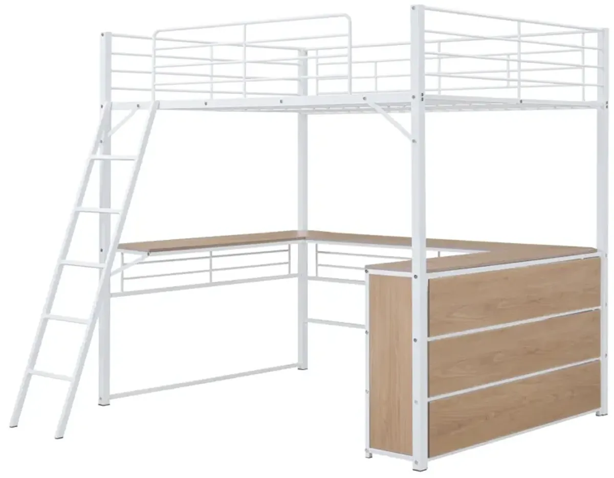 Full Size Metal Loft Bed With 3 Layers Of Shelves And L-Shaped Desk, White