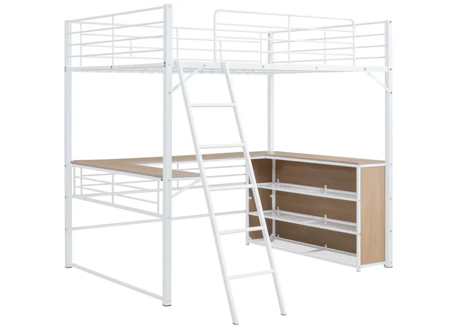 Full Size Metal Loft Bed With 3 Layers Of Shelves And L-Shaped Desk, White