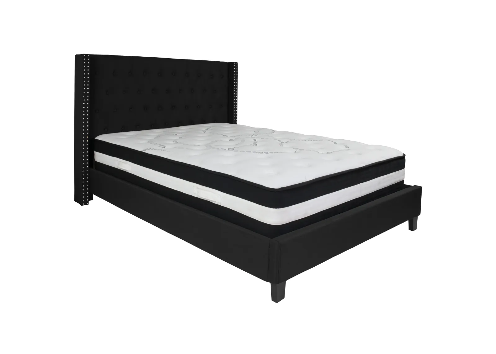 Riverdale Queen Size Tufted Upholstered Platform Bed in Black Fabric with Pocket Spring Mattress