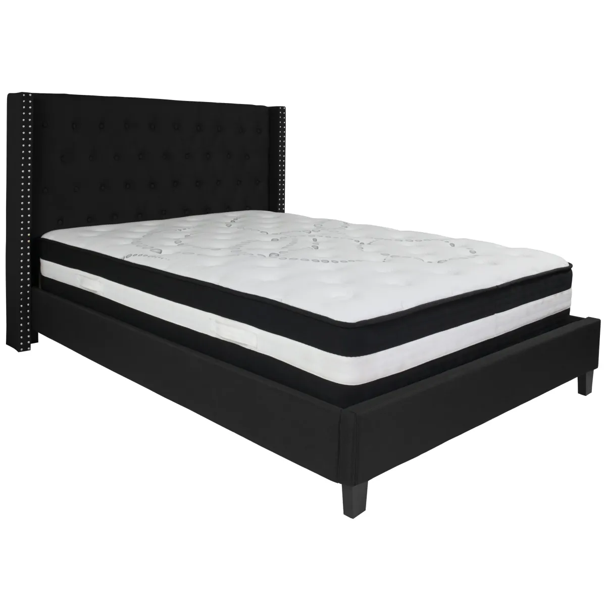 Riverdale Queen Size Tufted Upholstered Platform Bed in Black Fabric with Pocket Spring Mattress