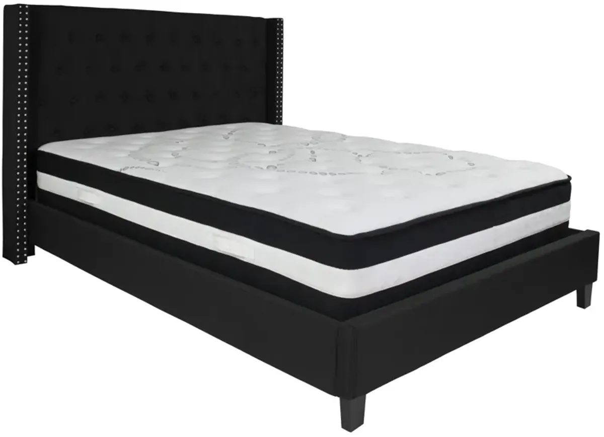 Riverdale Queen Size Tufted Upholstered Platform Bed in Black Fabric with Pocket Spring Mattress