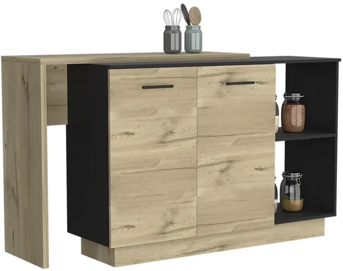 DEPOT E-SHOP Creta Kitchen Island, Double Door Cabinets, Two External Shelves, Three Shelves, Black / Light Oak