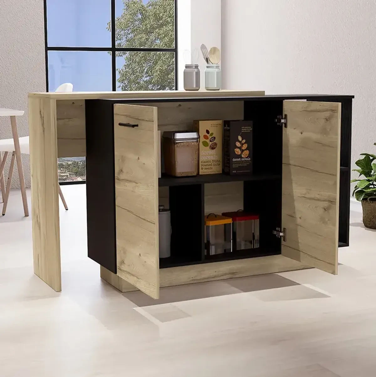 DEPOT E-SHOP Creta Kitchen Island, Double Door Cabinets, Two External Shelves, Three Shelves, Black / Light Oak