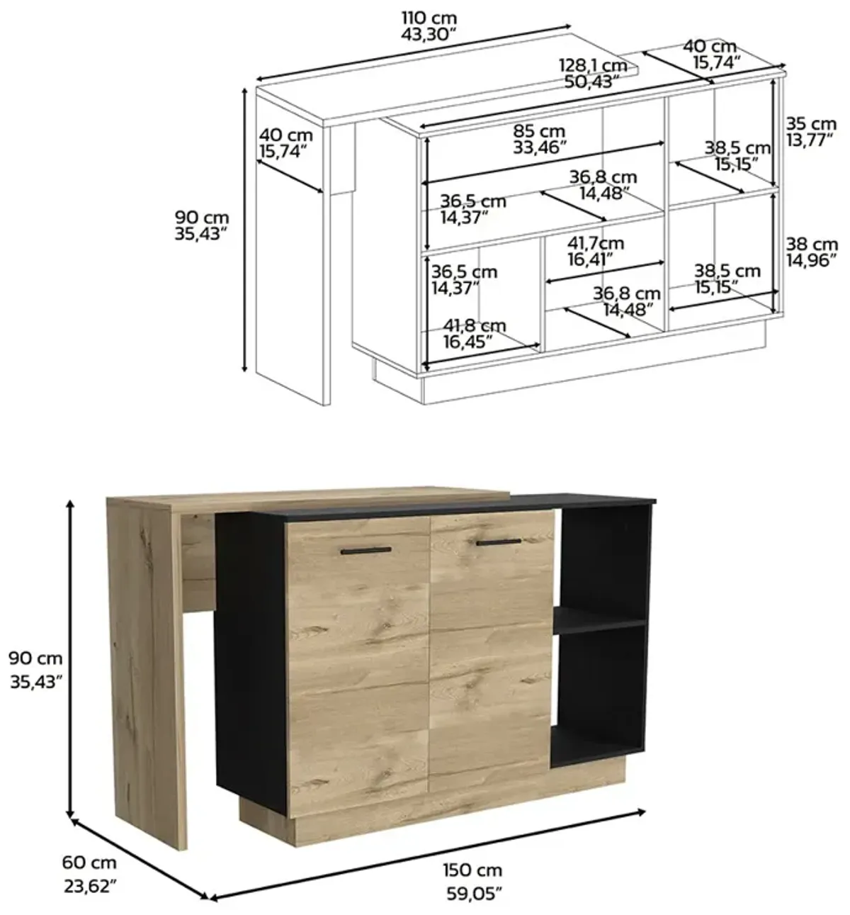 DEPOT E-SHOP Creta Kitchen Island, Double Door Cabinets, Two External Shelves, Three Shelves, Black / Light Oak