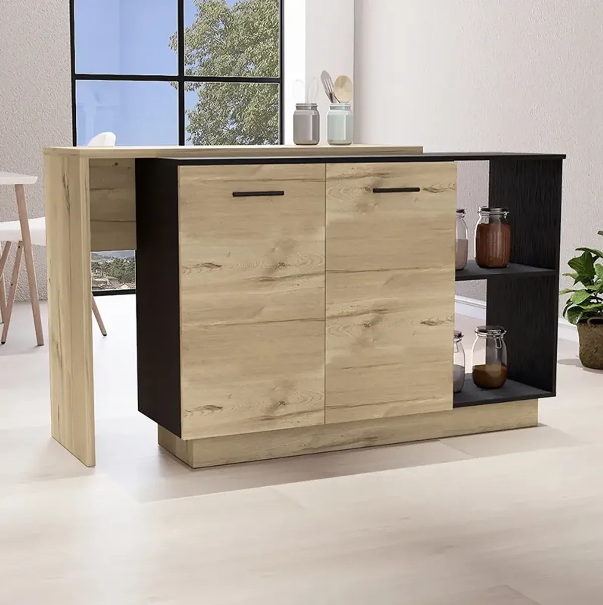 DEPOT E-SHOP Creta Kitchen Island, Double Door Cabinets, Two External Shelves, Three Shelves, Black / Light Oak