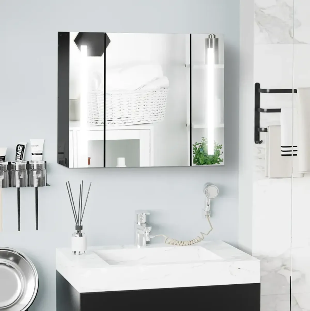 LED Medicine Cabinet Wall-Mounted Bathroom 3 Mirrored Door High Gloss Black