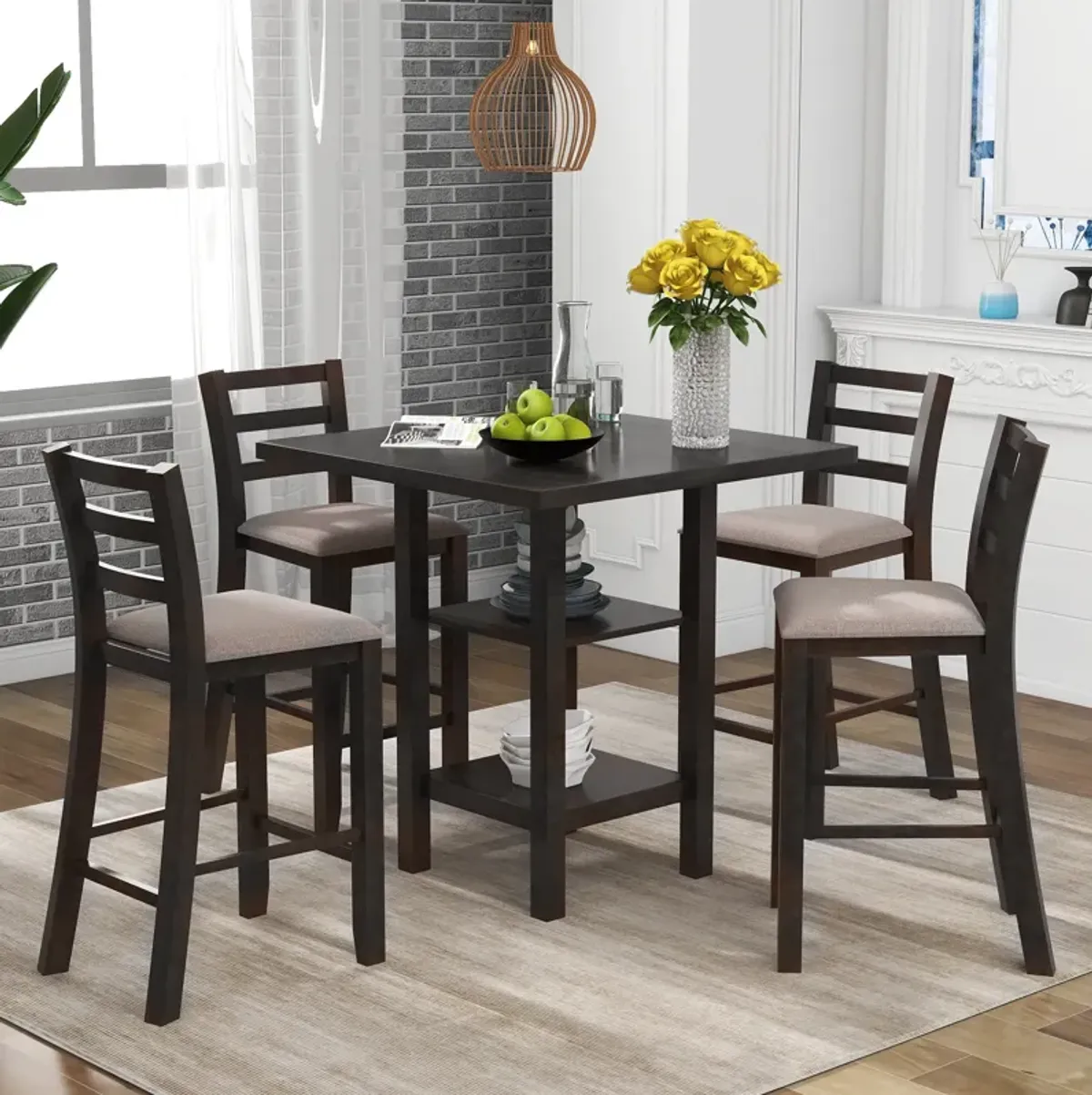 Merax 5-Piece Wooden Counter Height Dining Set with Padded Chairs and Storage Shelving