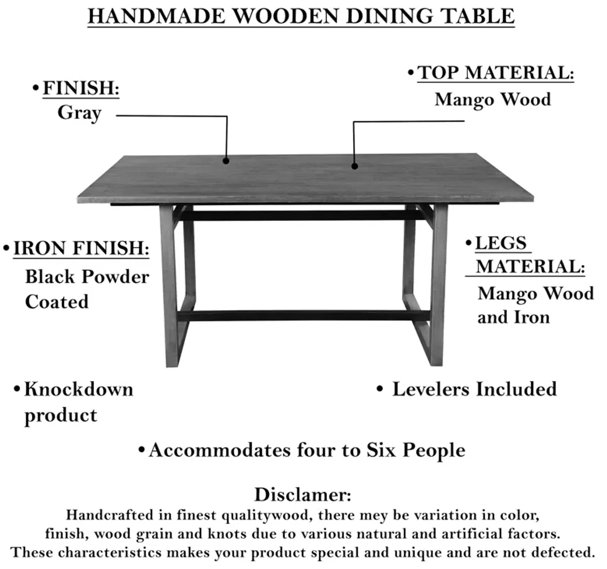 St Tropez Dining Table, 72 Inch Rectangular Mango Wood Top with Iron Trestle Base, 6 Seater, Gray and Black