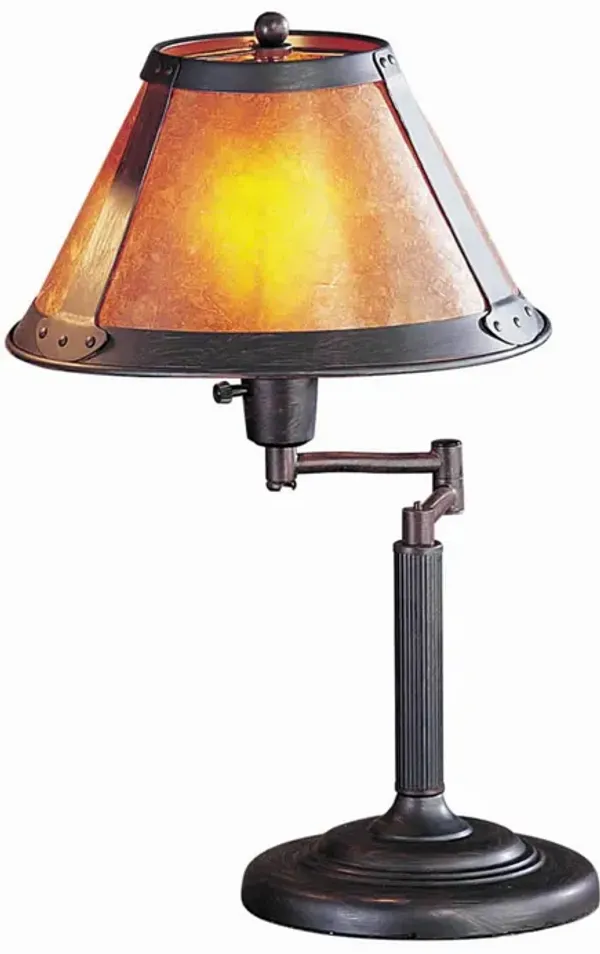 Metal Body Swing Arm Table Lamp with Conical Mica Shade, Bronze - Benzara