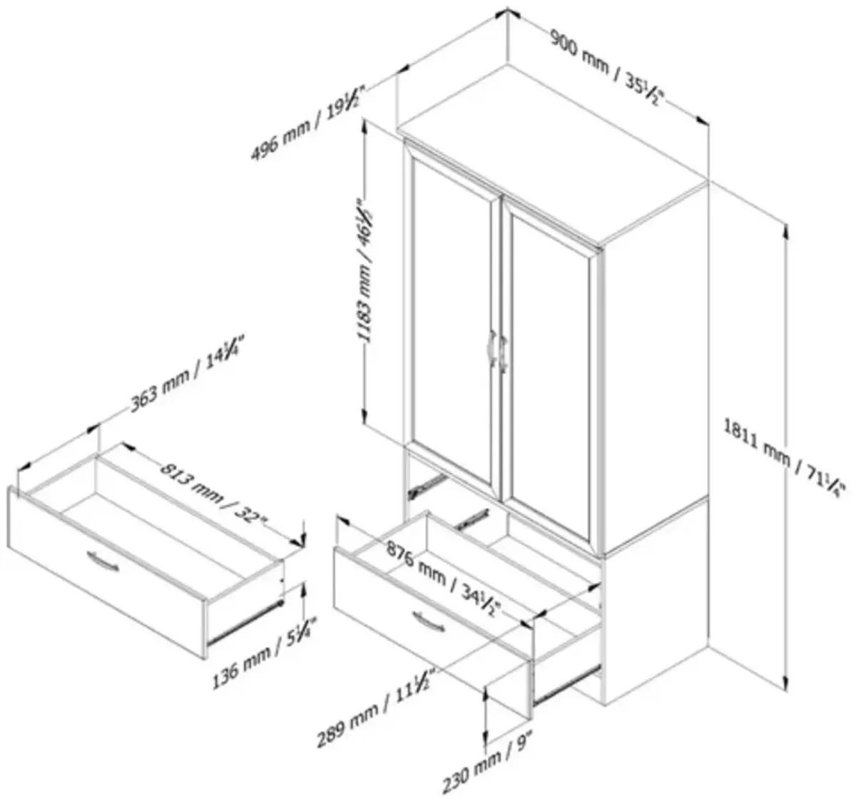 White Armoire Bedroom Clothes Storage Wardrobe Cabinet with 2 Drawers