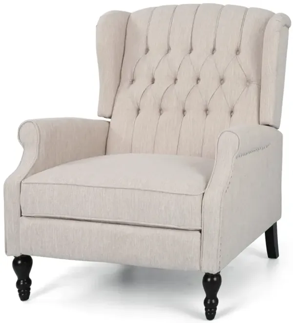 Jade Oversize Wide Chair Manual Recliner, Wingback, Beige Tufted - Benzara
