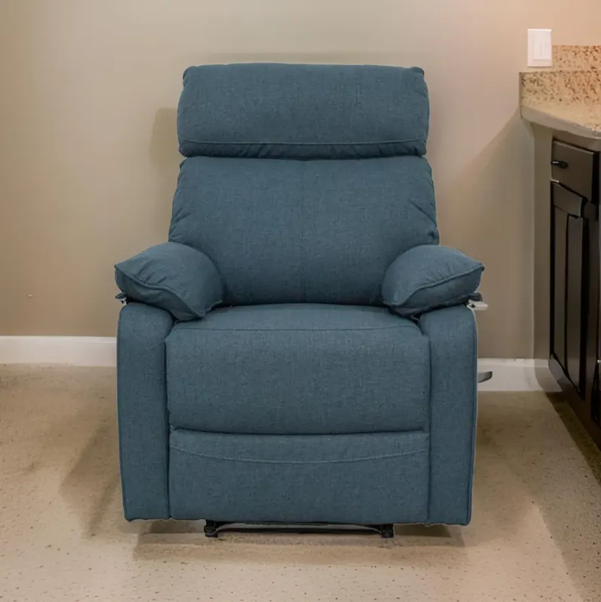 Fery 35 Inch Manual Recliner Chair, Blue Burlap, Cushioned Seat, Solid Wood - Benzara