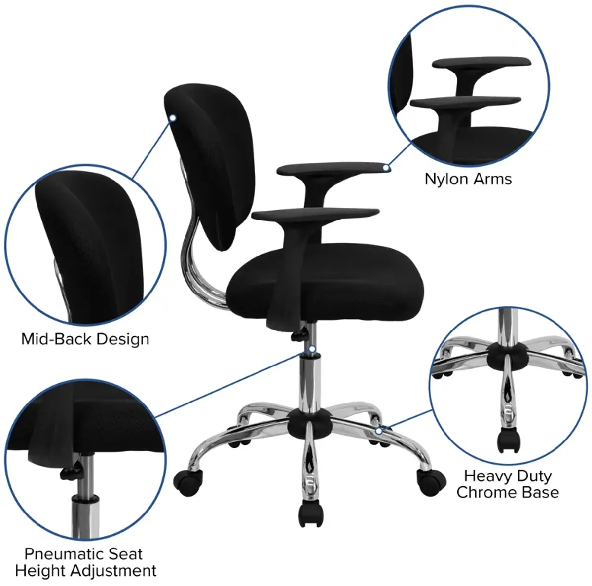 Beverly Mid-Back Mesh Padded Swivel Task Office Chair with Chrome Base and Arms