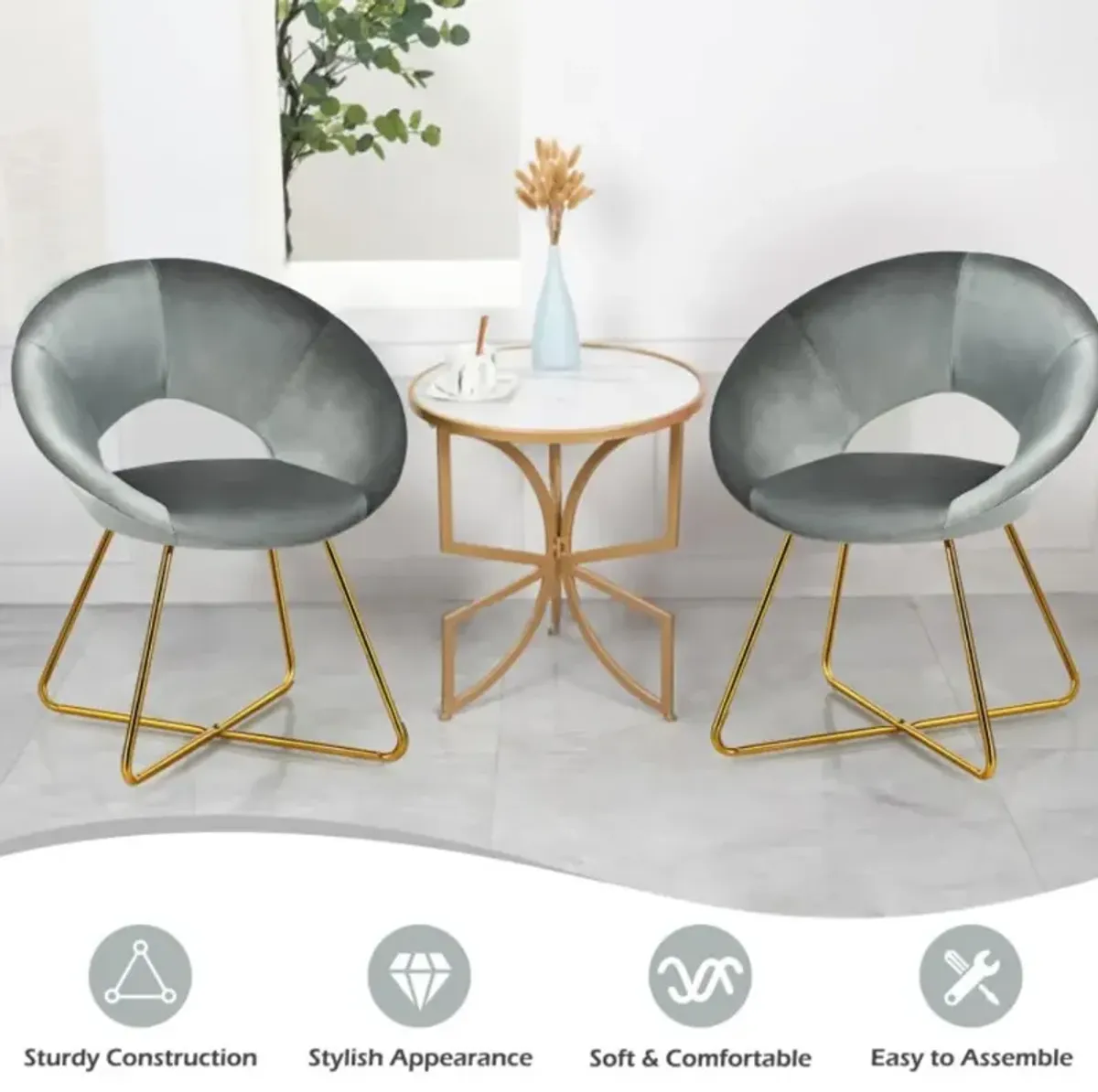 Hivvago Modern Accent Velvet Dining Arm Chair with Golden Metal Legs and Soft Cushion