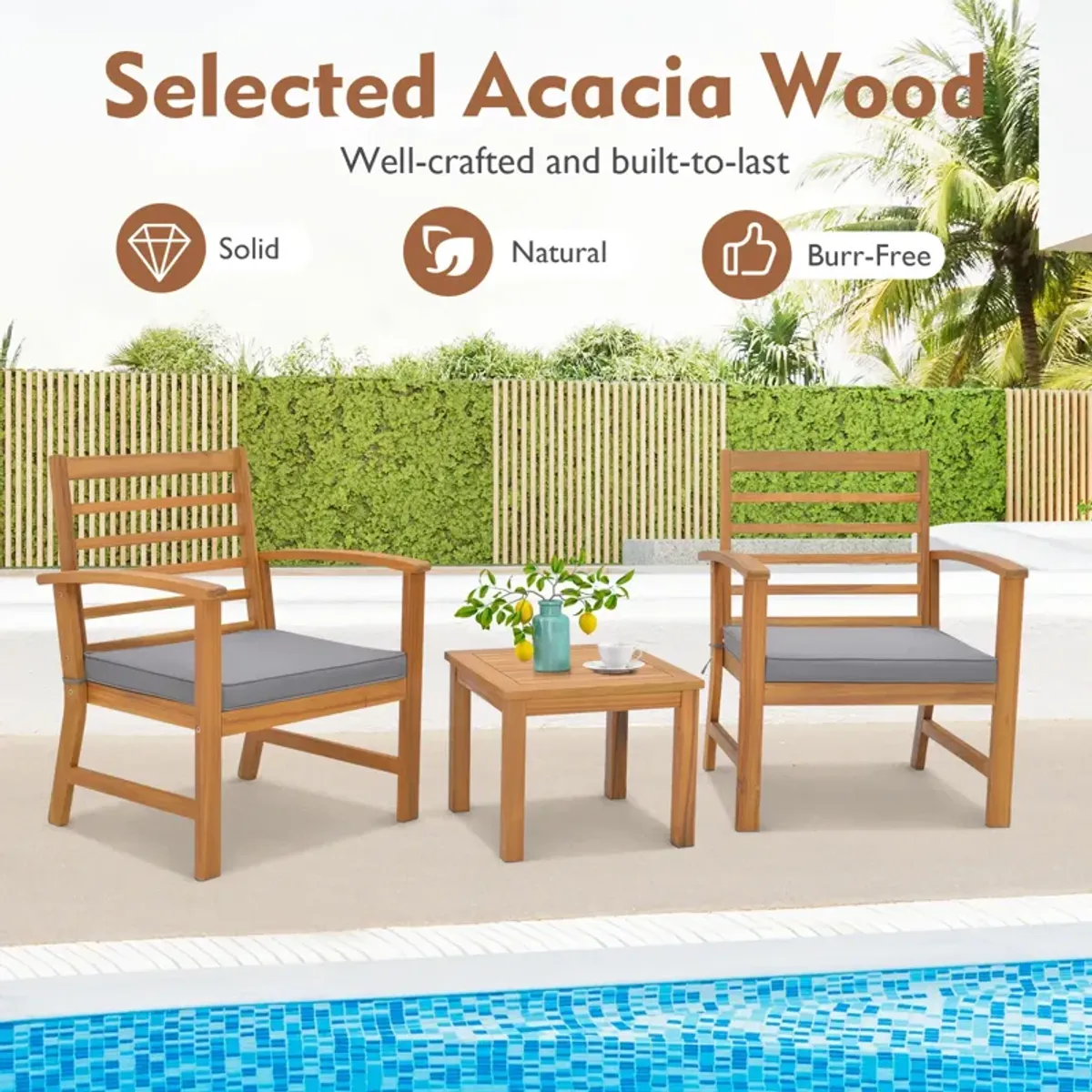 3 Pieces Outdoor Furniture Set with Soft Seat Cushions