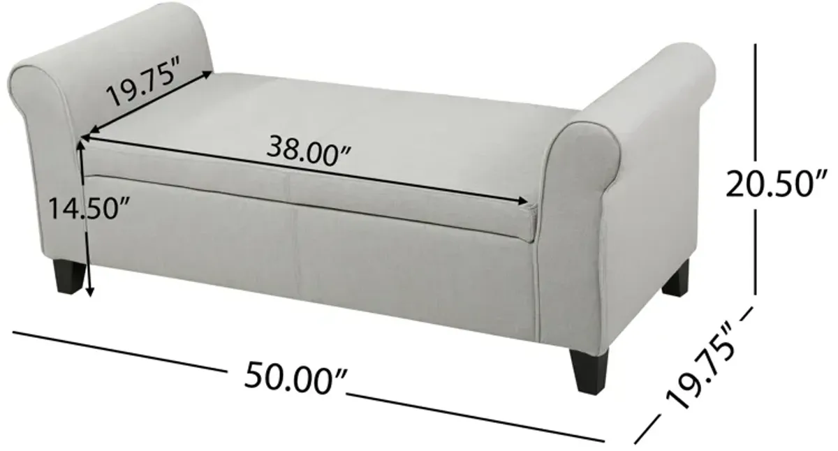 Jacob Bench with Rolled Arms, 50 Inch, Lift Storage, Light Gray -Benzara