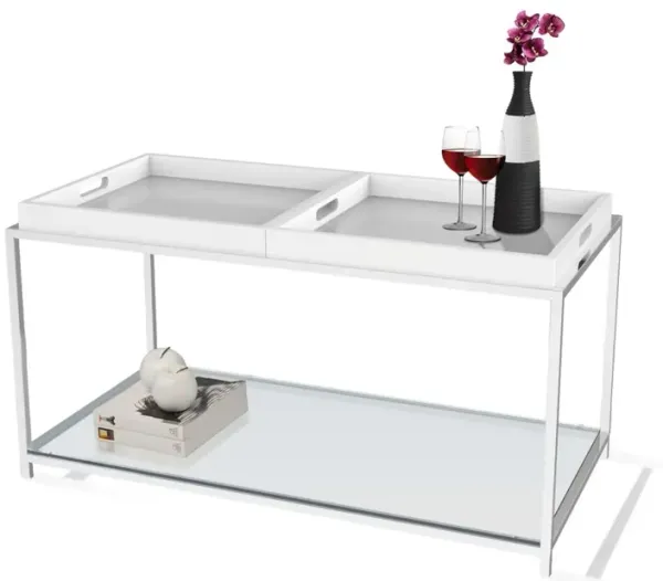 Hivvago Modern Chrome Metal Coffee Table with 2 White Removable Trays