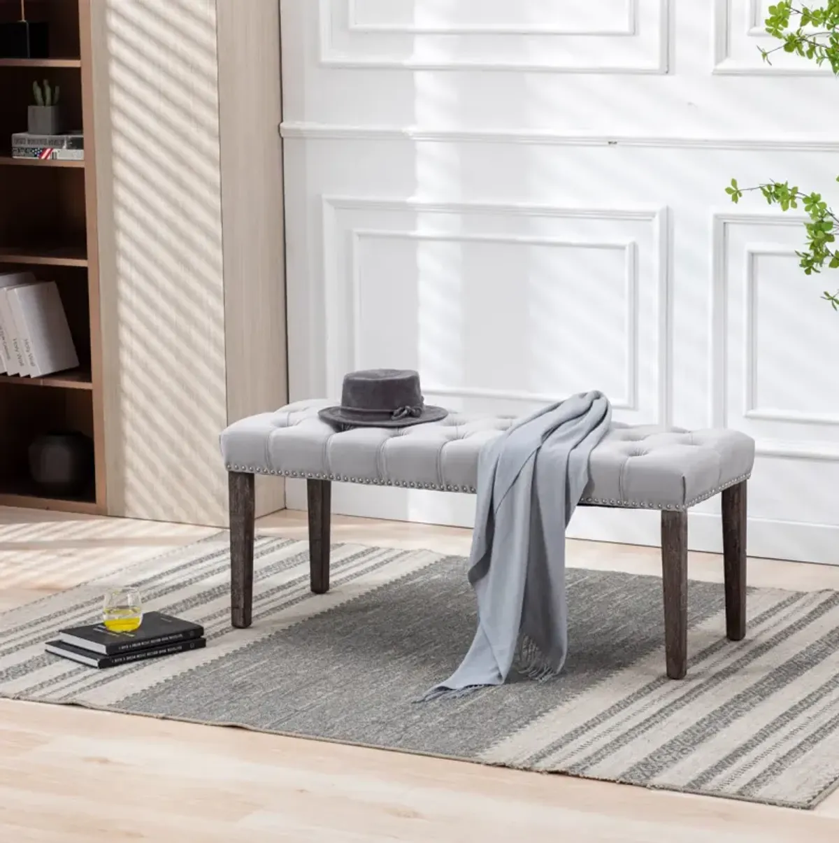 Velvet Tufted Bench Ottoman, Light Gray