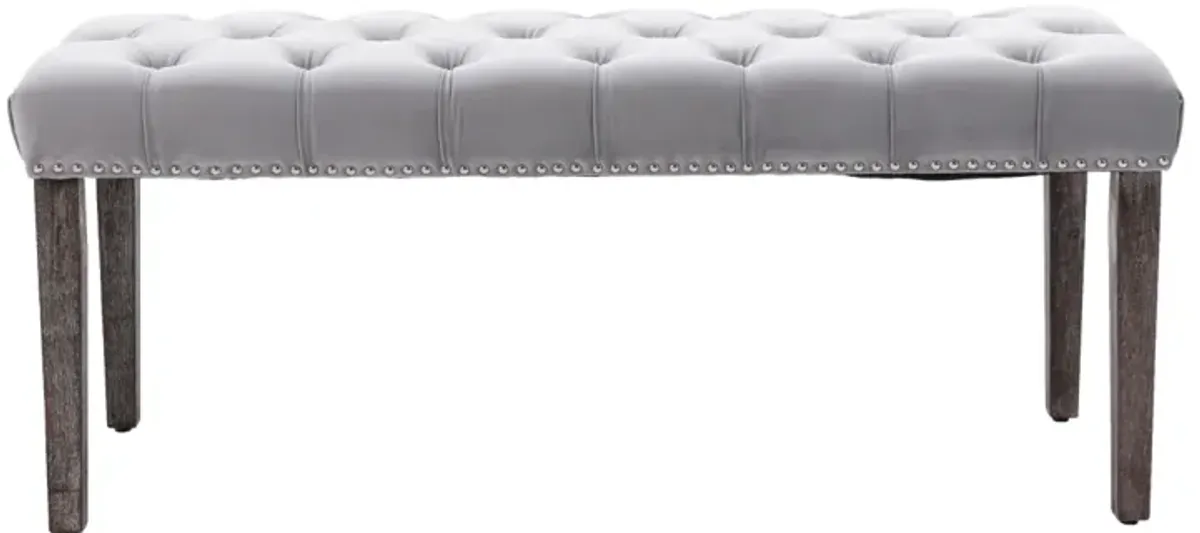 Velvet Tufted Bench Ottoman, Light Gray